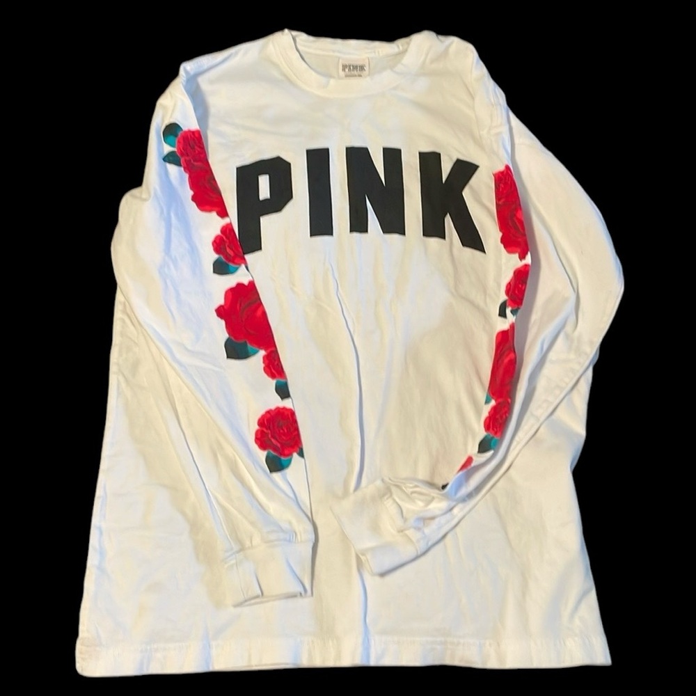 VICTORIA’S SECRET PINK white long sleeve cotton tee roses split hem women’s sm